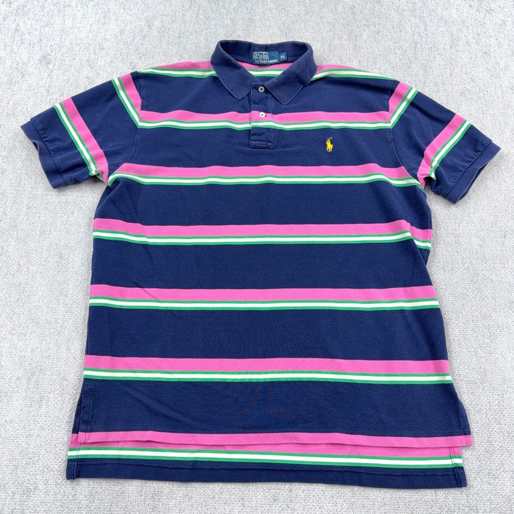 Vintage Polo Ralph Lauren Polo Shirt Men XL Blue Pink Striped Rugby Y2K Preppy